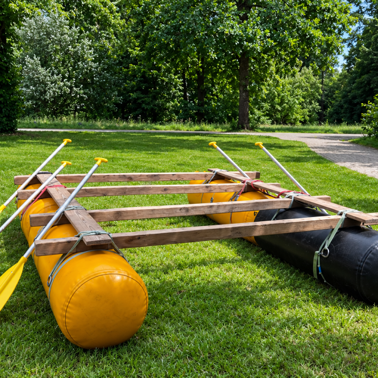 Teamevents Eine Gruppe baut gemeinsam ein Holzfloß am Seeufer.
